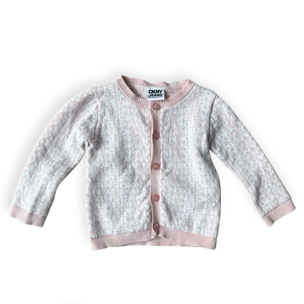DKNY Baby Girls Sweater Cardigan Pants Set Pink Logo Print Size 9-12 Months